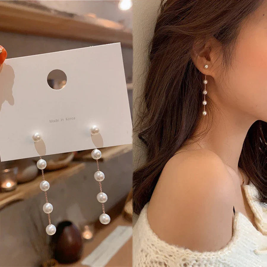 Femlion Rhinestone Long Pearl Earrings: Trendy Moon Star Flower Wedding Jewelry