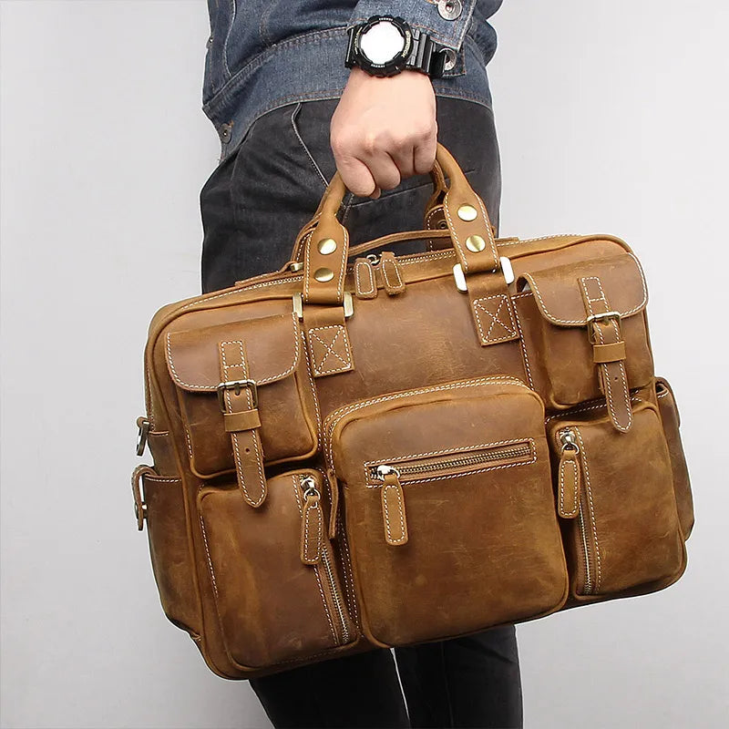 Femlion Men's Genuine Leather Briefcase for 15" Notebook in Brown