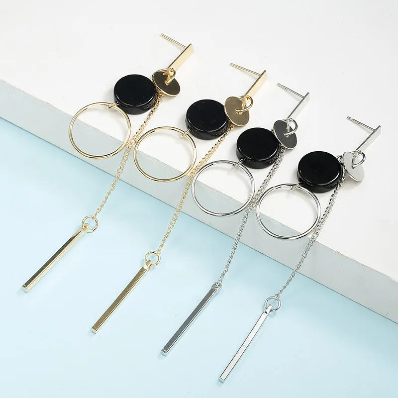 Femlion Black Geometric Tassel Circle Earrings