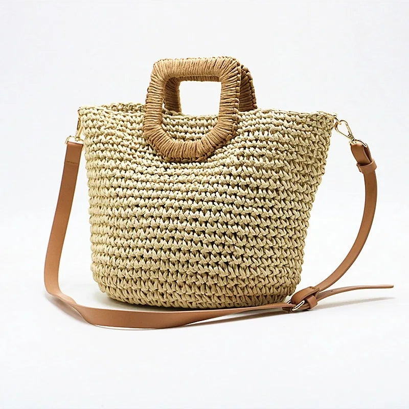 Femlion Women's Straw Bag Paper Hand-Woven Beach Bag Summer Holiday Shoulder Bag