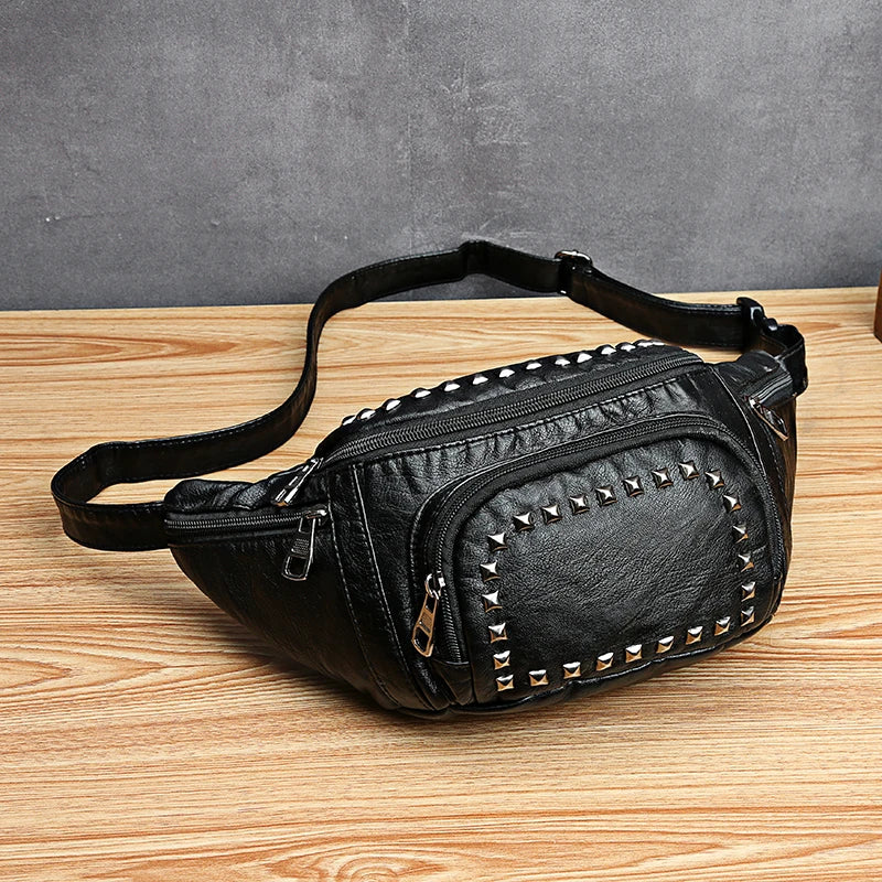 Femlion Soft PU Leather Waist Bag with Rivet Detail - Stylish and Spacious Fanny Pack