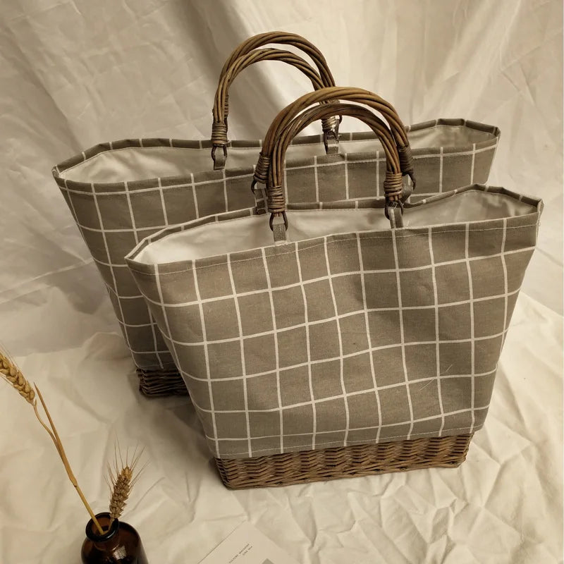 Femlion Plaid Rattan Weave Handbag with Canvas Splicing and Stripe Design