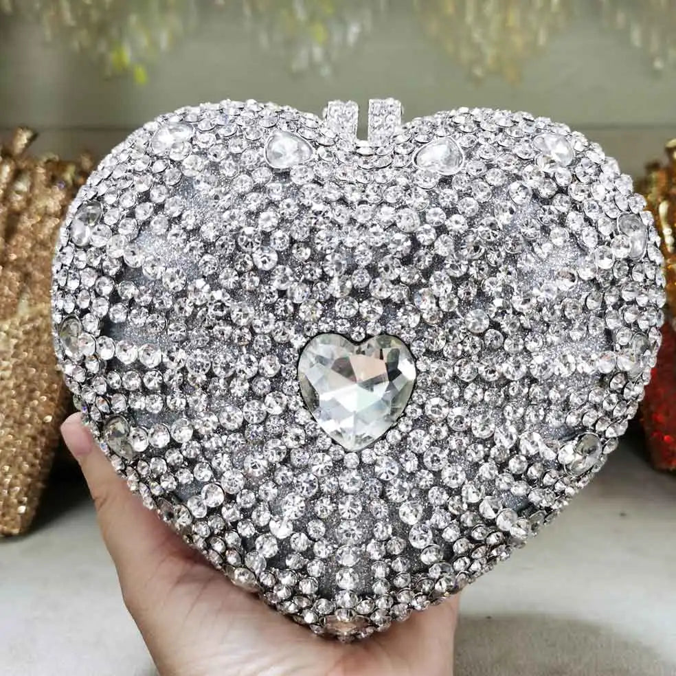 Femlion Heart Crystal Clutch Bag Green Silver Party Evening Handbag SM71