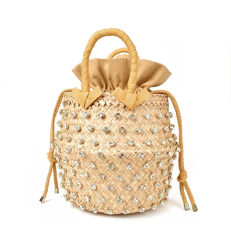 Femlion Pearl Ladies Woven Diamond Bucket Bag