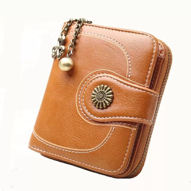 Femlion Vintage Leather Wallet with Flower Design and Zipper Closure