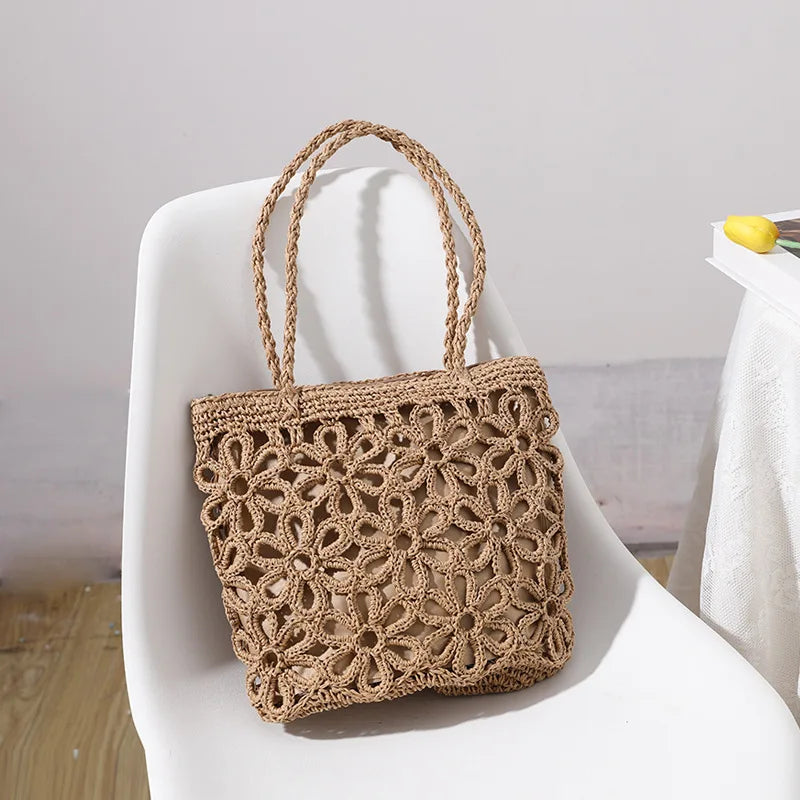 Femlion Hollow Flower Woven Straw Bag for Beach & Vacay