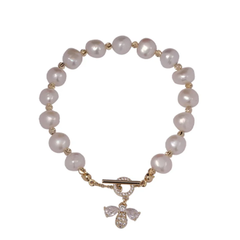 Femlion Natural Pearl Bee Pendant Bracelet - Classic Fashion Jewelry for Women