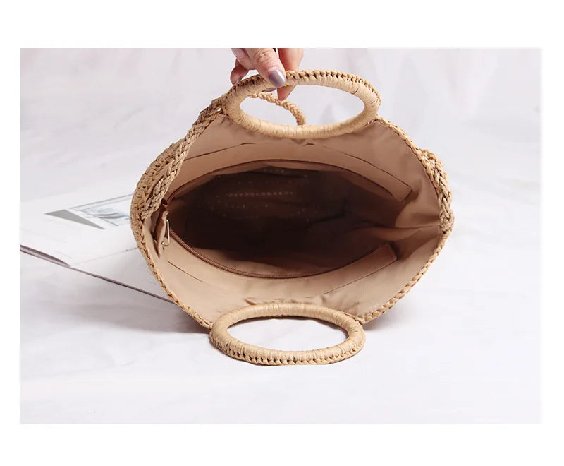 Femlion Round Straw Woven Bag One-Shoulder Handbag Beach Vacation Retro Style