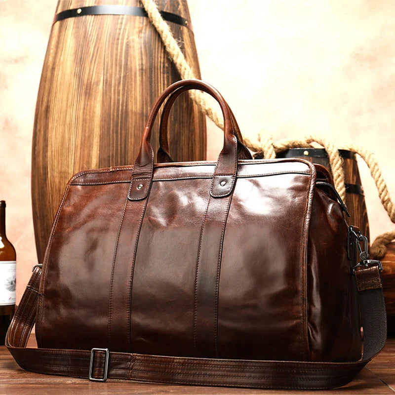 Femlion Vintage Leather Travel Bag Unisex High Capacity Tote in Brown