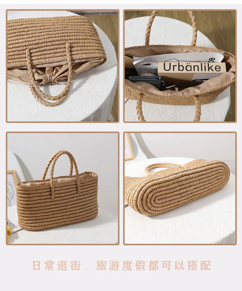 Femlion Handmade Straw Woven Beach Bag Large Capacity Female Bag Vegetable Basket