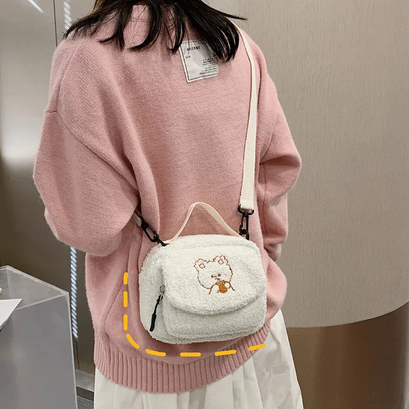 Femlion Mini Plush Crossbody Bag: Cute Embroidery Zip Purse for Women