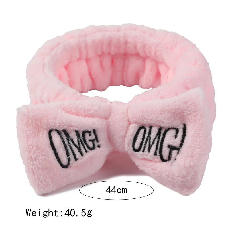 Femlion Embroidered Letter Coral Fleece Hairband Bow Face Washing Headwear