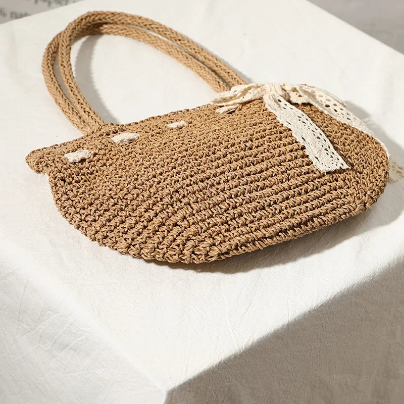 Femlion Bowknot Woven Bag: 2021 New Shoulder Straw Beach Bag