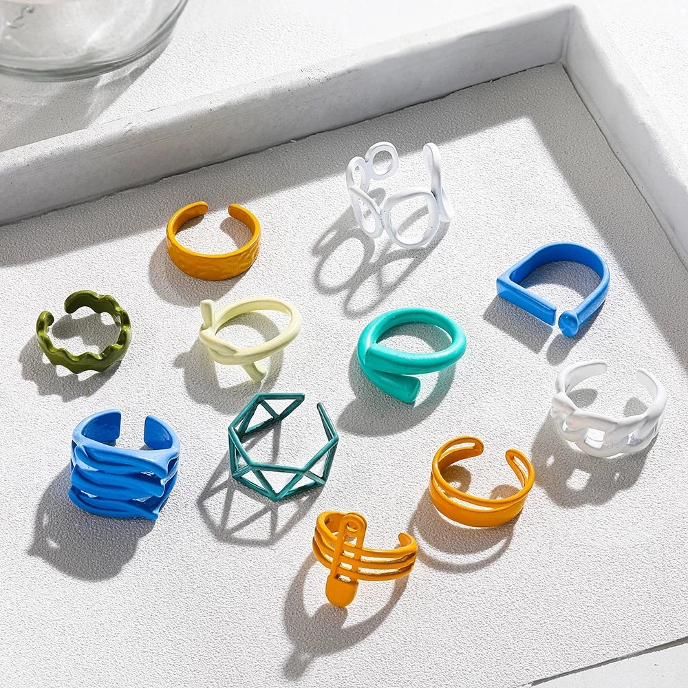 Femlion Summer Hand-Painted Irregular Open Rings - Colorful Geometric Jewelry