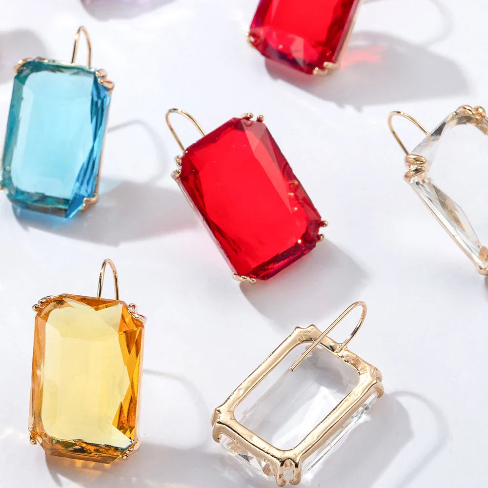 Femlion Multicolor Glass Crystal Drop Earrings Geometric Square Transparent Jewelry