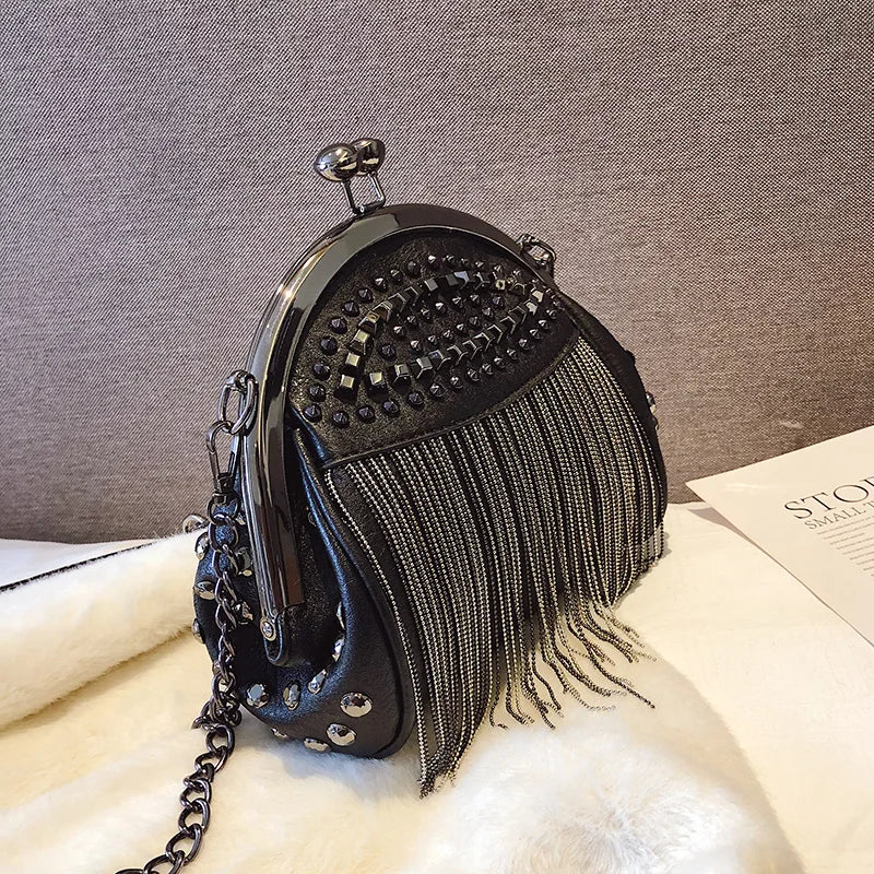 Femlion Punk Style Black Shoulder Bag with Chain Strap and Tassel