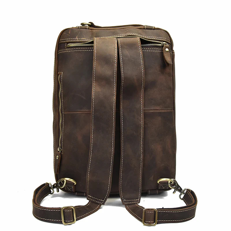 Femlion Leather Backpack: Double Zip Cowhide Briefcase, Travel, Office, Shoulder Bag