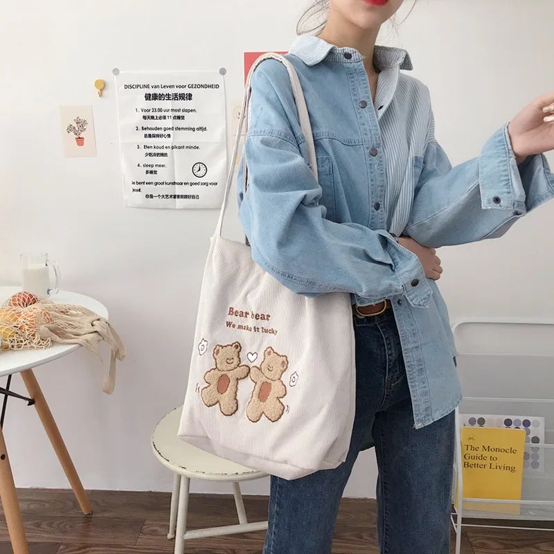 Femlion Lucky Bears Embroidery Corduroy Shoulder Bag - Eco-Friendly Canvas Tote