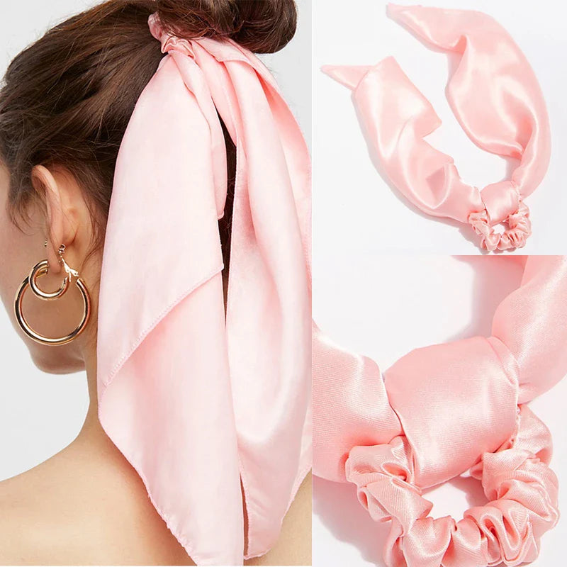 Femlion Solid Color Silk Bow Scrunchie - Fashionable Hair Accessory for Women