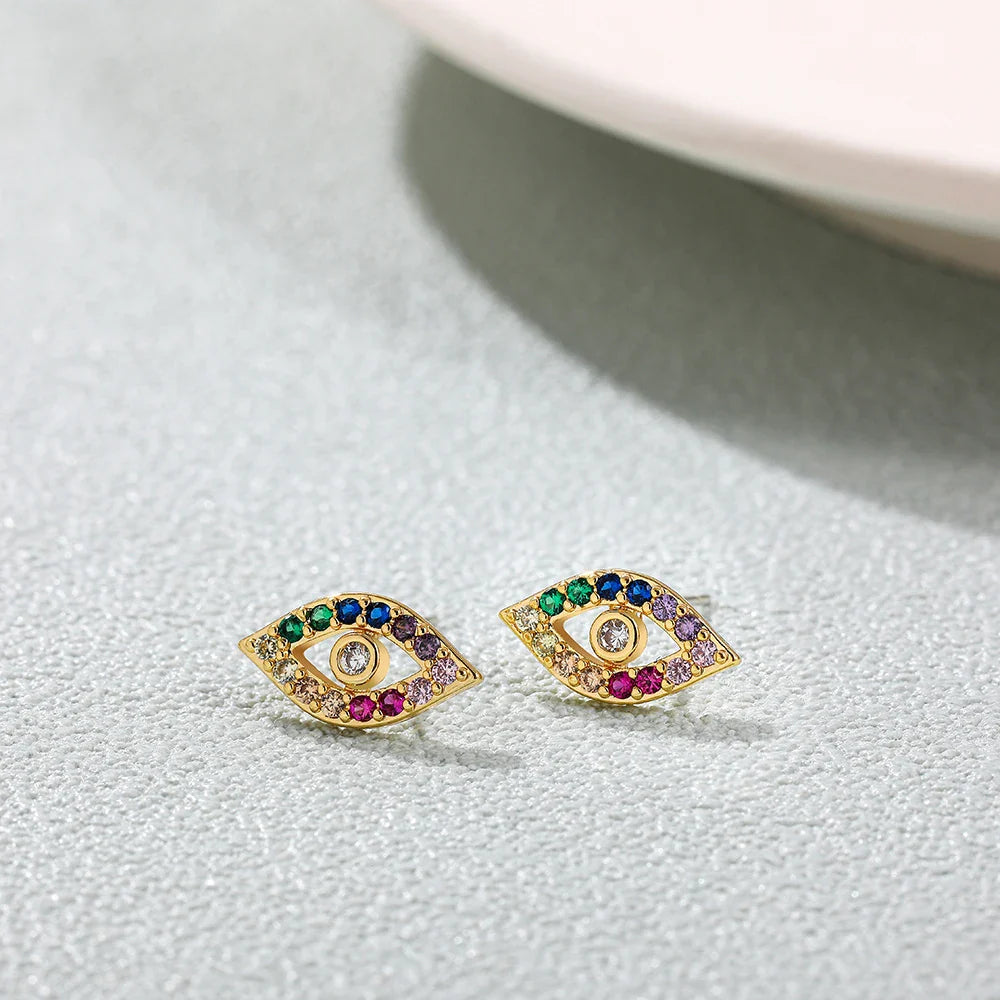 Femlion Rainbow CZ Evil Eyes Stud Earrings: Elegant Blue Zircon Luck Fashion Jewelry