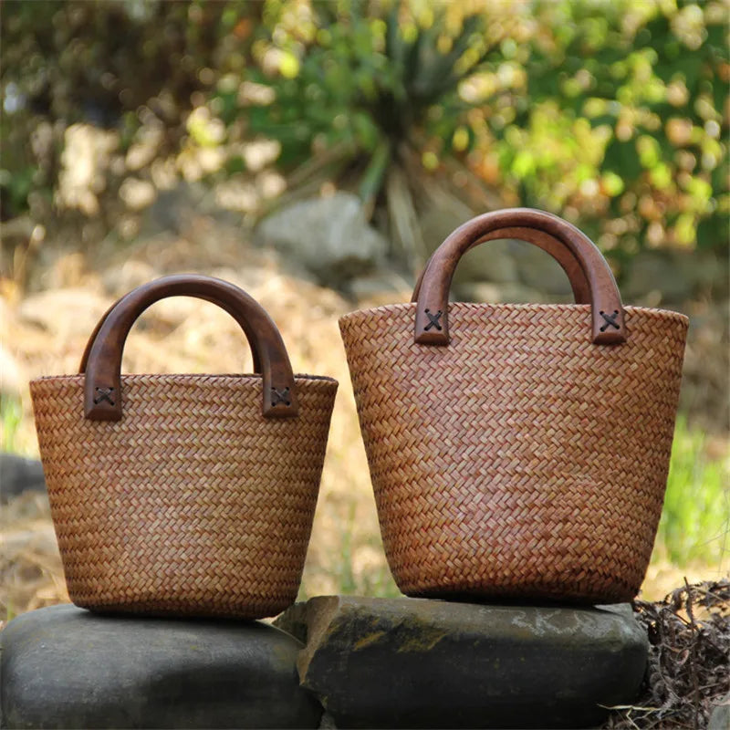 Femlion Vintage Woven Handbag with Wood Handle for Seaside Vacation