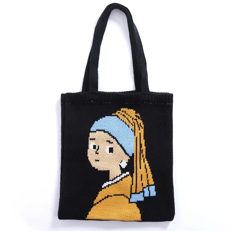 Femlion Knitted Wool Shoulder Bag: Girl with a Pearl Earring Design Handbag