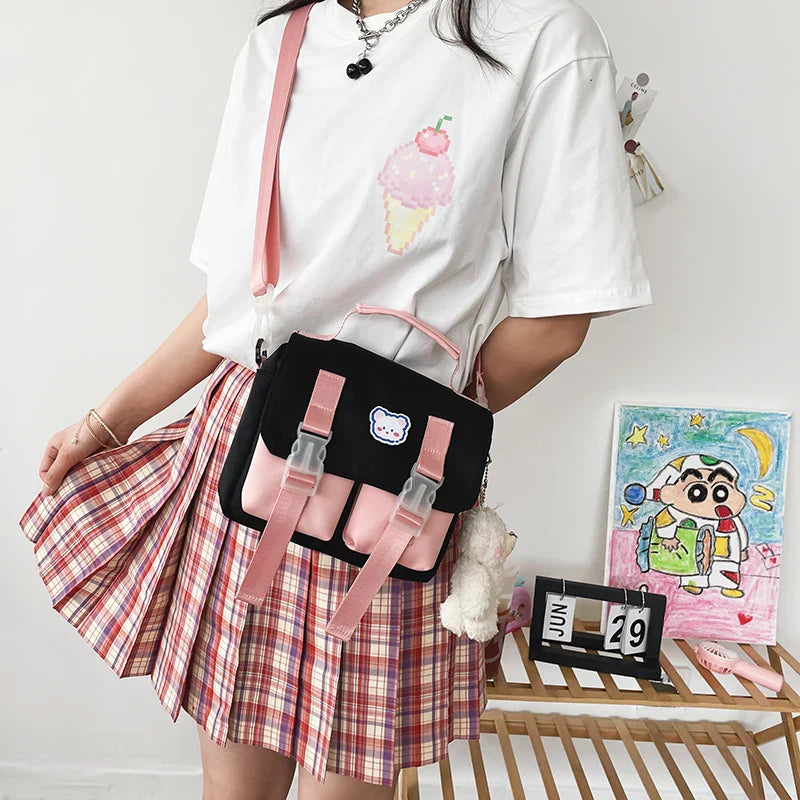 Femlion Oxford Fabric Shoulder Bag: Panelled Crossbody Messenger Purse with Cute Bear, Preppy Style