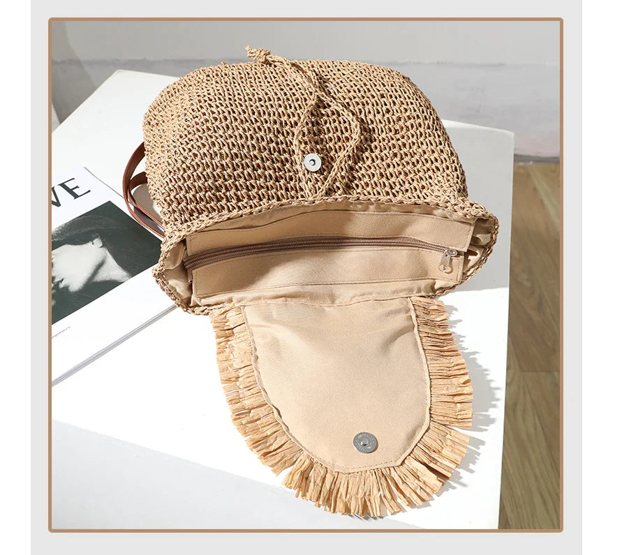 Femlion Tassel Straw Backpack: Stylish Woven Bag for Beach Vacation or Leisure