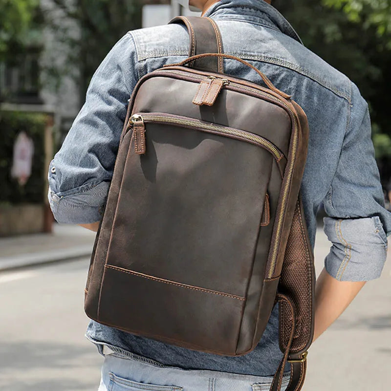 Femlion Genuine Leather Men Backpack for 15" Laptop and Travel - School Bagpack