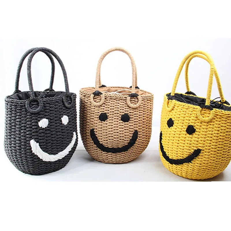 Femlion Smiley Woven Beach Bag Bucket Handbag Pouch