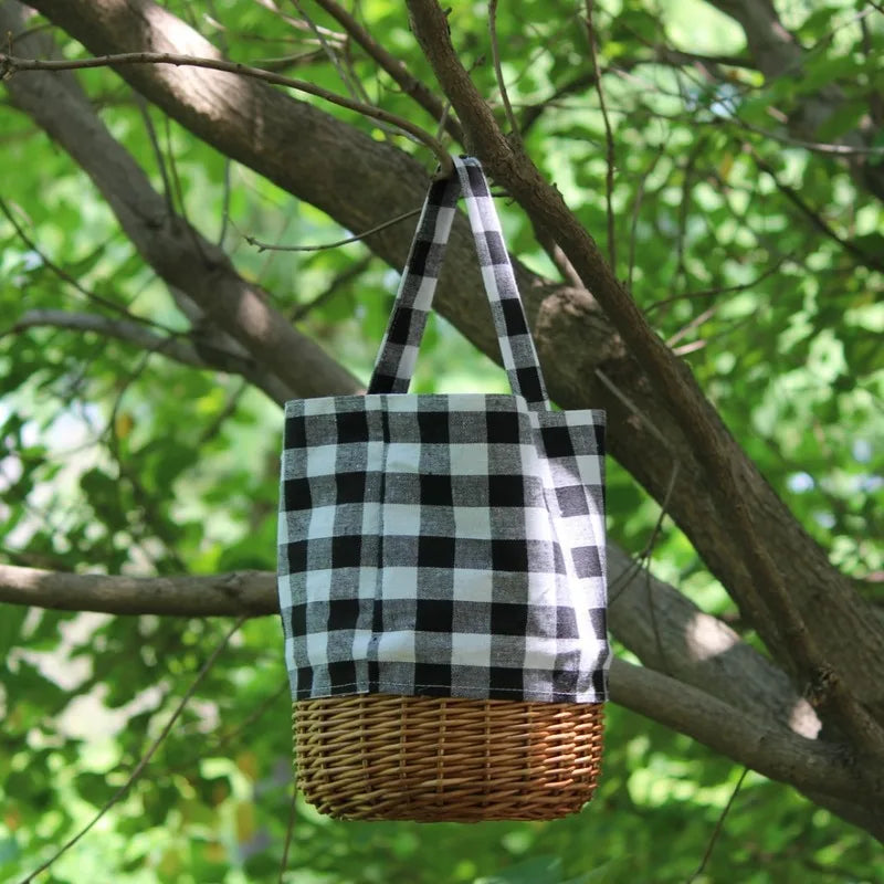 Femlion Plaid Straw and Linen Rattan Bucket Bag for Women