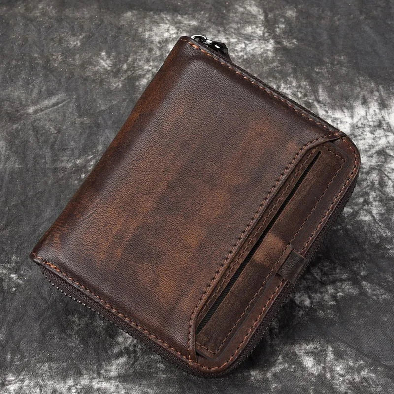 Femlion Retro Cowhide Men's Wallet with Zipper Coin Pocket