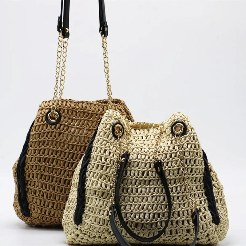 Femlion Beige Straw Woven Bucket Bag Crocheted Female Big Bag