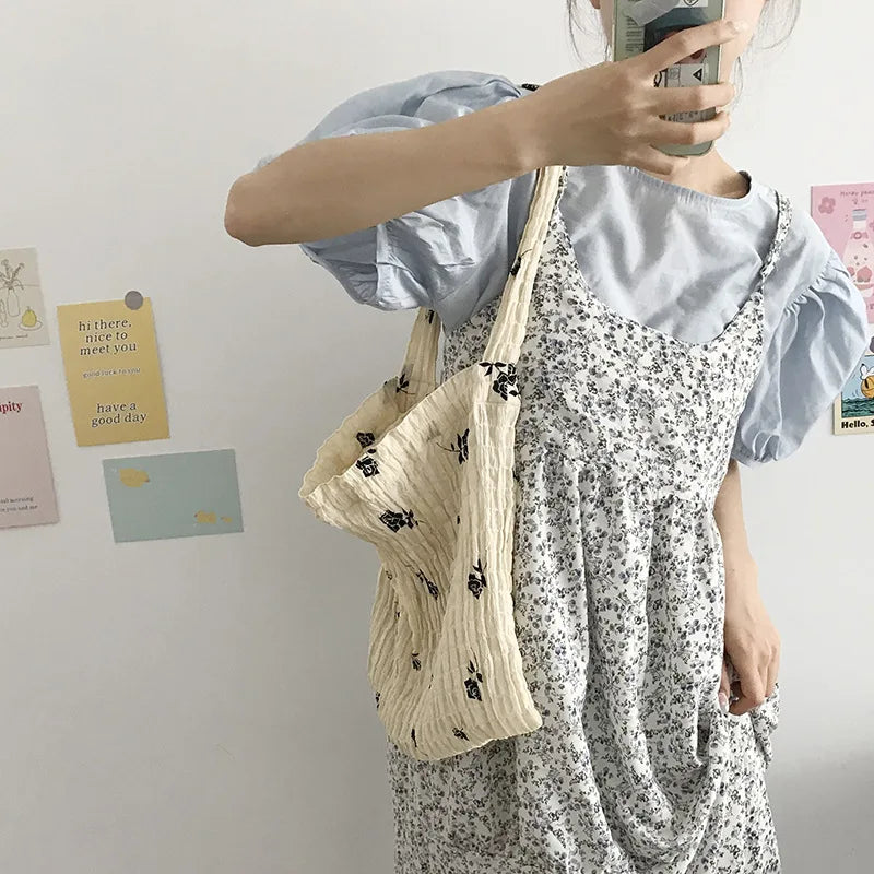 Femlion Rose Print Chiffon Pleated Shoulder Bag