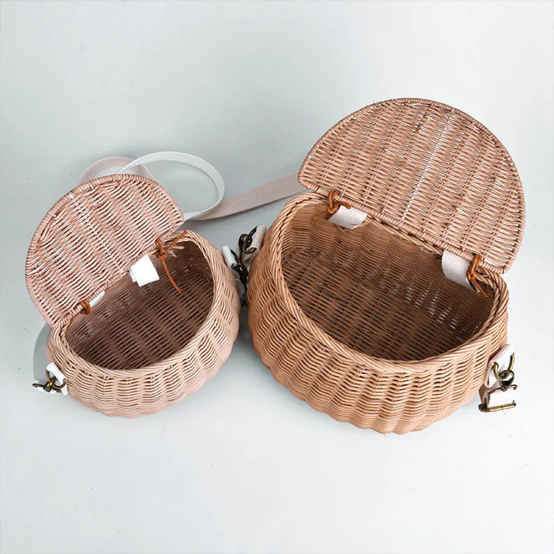 Femlion Natural Rattan Mama Bag - Handwoven Beach Straw Bag & Bike Basket