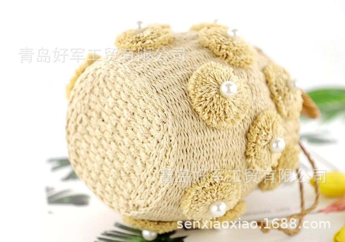 Femlion Pearl Straw Bag: Round Barrel Woven Beach Bag for Fashionable Women