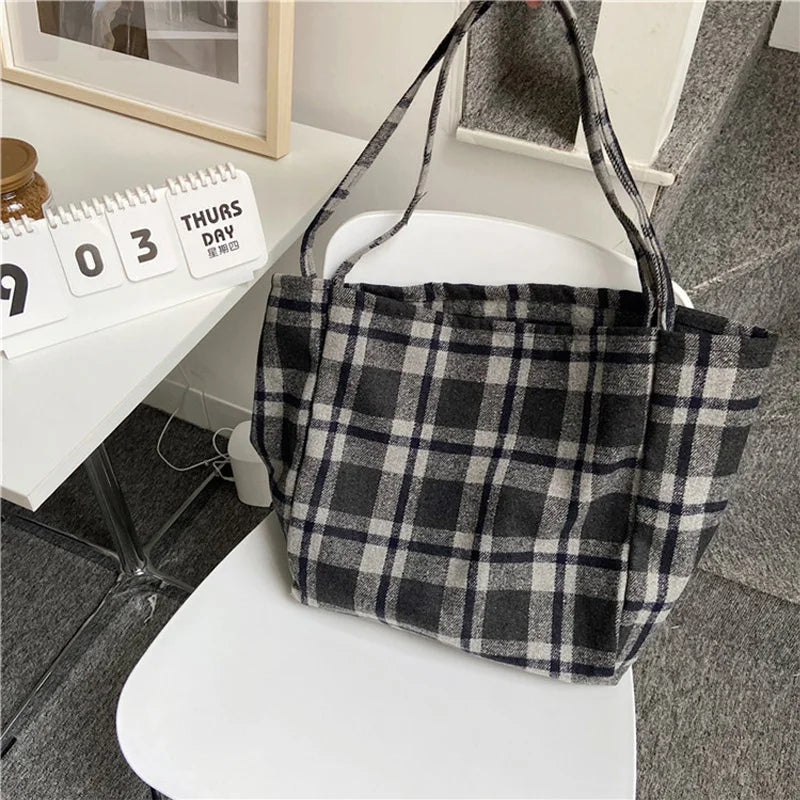 Femlion Checked Woolen Canvas Large Tote Bag for Women