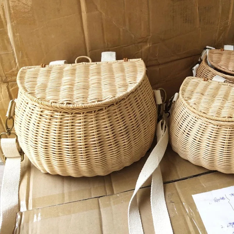 Femlion Natural Rattan Mama Bag - Handwoven Beach Straw Bag & Bike Basket