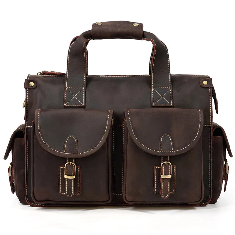 Femlion Men's Leather Business Briefcase Tote Bag - Brown