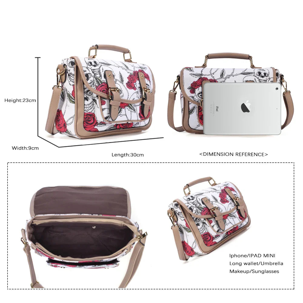 Femlion 2021 Canvas Skull Print Shoulder Bag Large Capacity Crossbody Handbag White