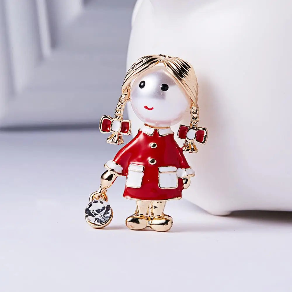 Femlion Red Dress Little Girl Brooch with Pearls & Rhinestones