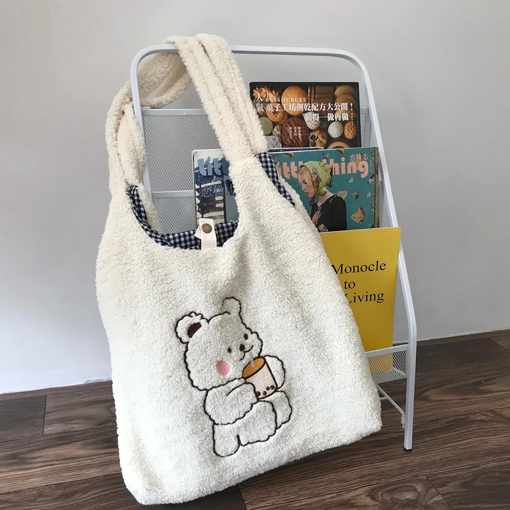 Femlion Bear Embroidery Canvas Shoulder Bag Soft Plush Tote with Large Capacity