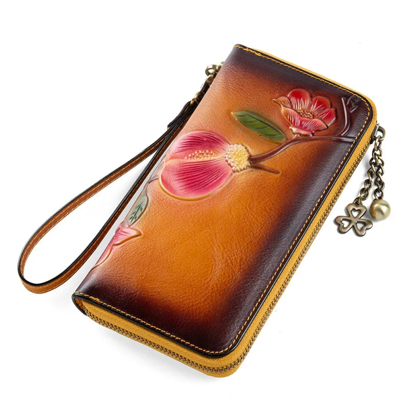 Femlion RFID Leather Women's Clutch Wallet with Long Zipper - Elegant Cowhide Purse