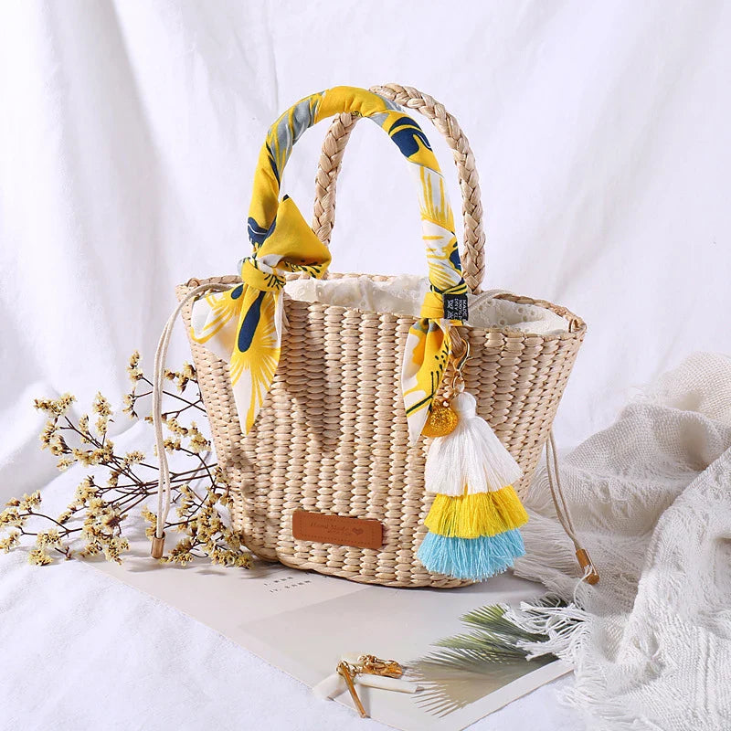 Femlion Straw Beach Bag Top Handle Handmade Woven Handbags Wedding Gift