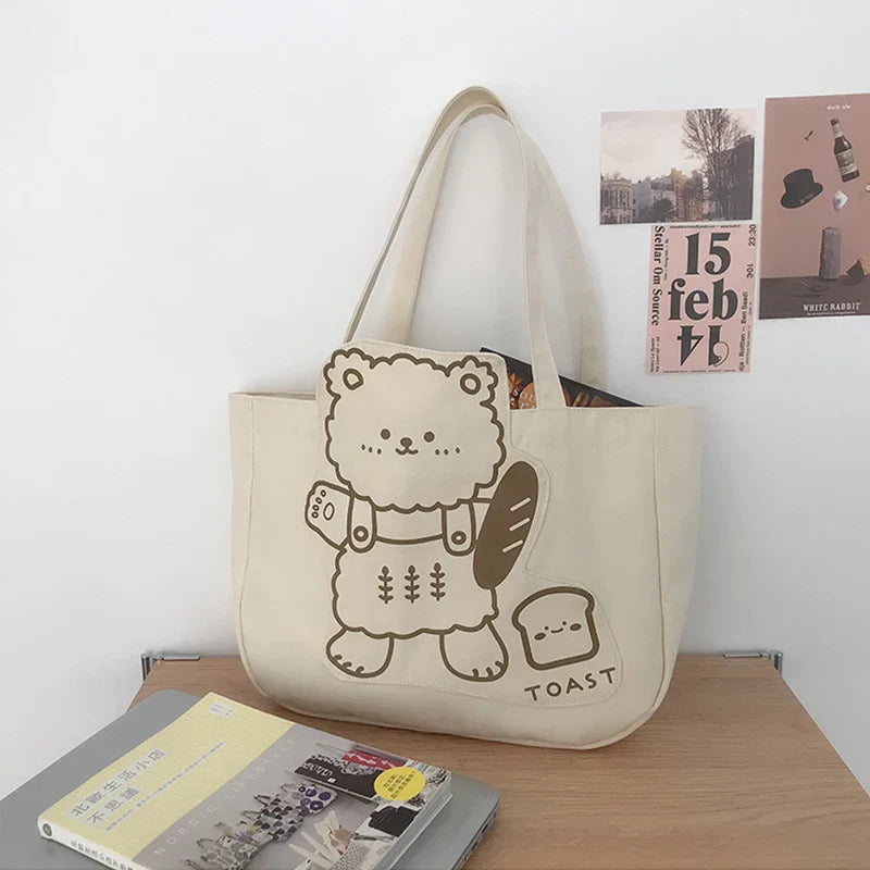 Femlion Cute Bear Print Canvas Shoulder Bag: Large Capacity Tote for Ladies