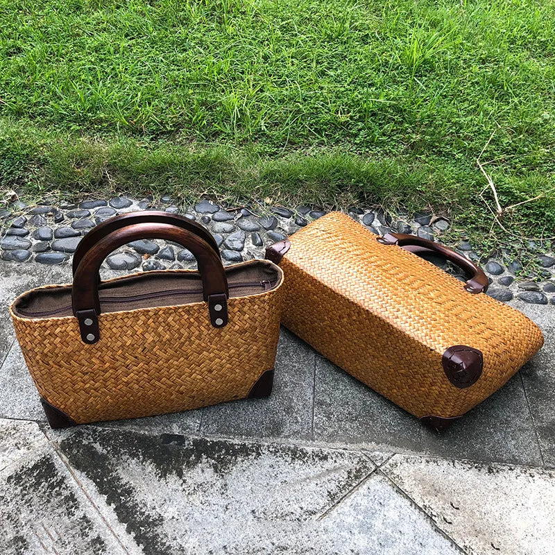 Femlion Straw Woven Rattan Bag with Wooden Handle