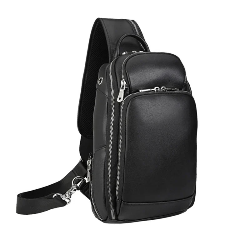 Femlion Black Leather Chest Bag with USB - Genuine Leather Sling Pack for Men