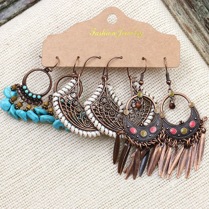 Femlion Boho Tassel Earrings Set with Natural Stone, Feather Wing Drop Dangle Jewelry