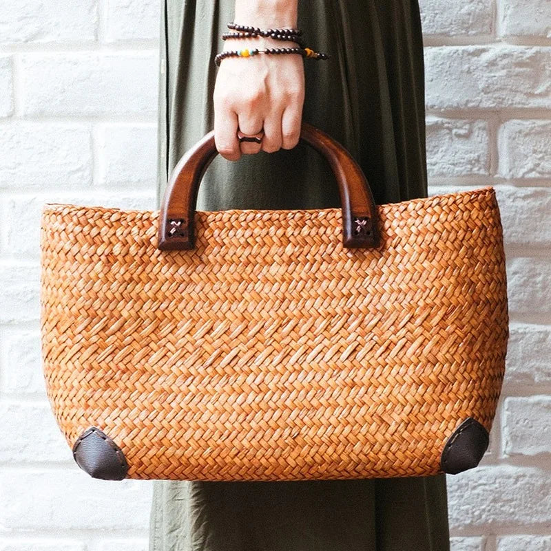 Femlion Retro Rattan Straw Woven Beach Bag - Handmade Simple Art Weaving Bag