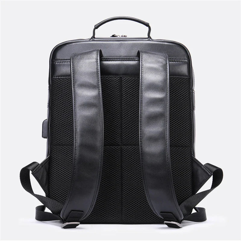 Femlion Black Leather Laptop Backpack for Men - High Capacity 14-inch Genuine Cowskin Daypack